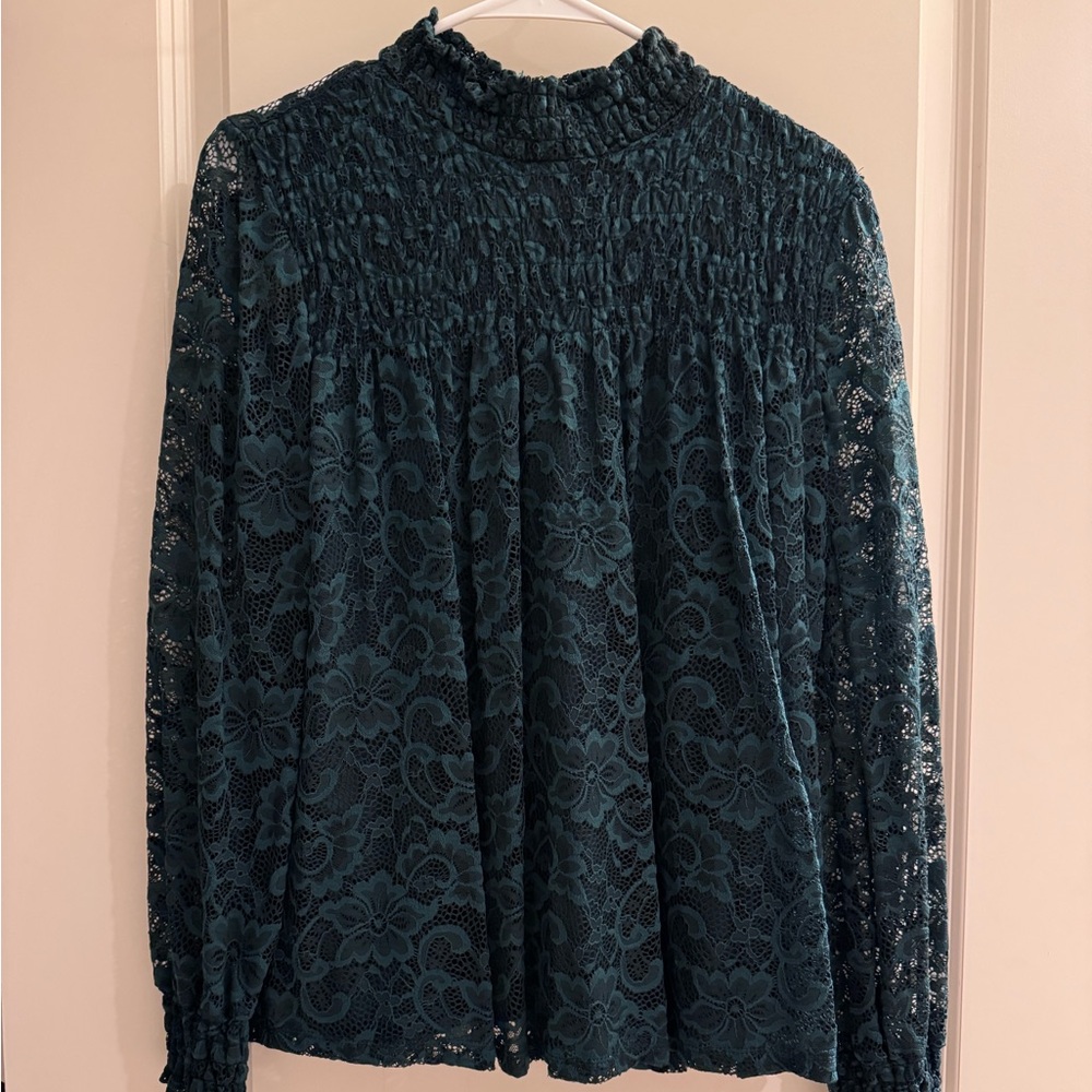 Cable & Gauge Lace Blouse - Dark Green
